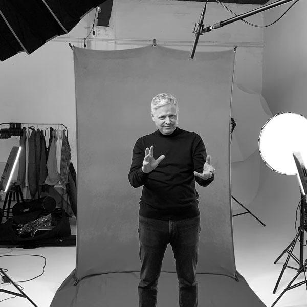 Nigel Maine recording in front of green screen